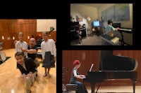 a collage of pictures of children playing piano in a recording studio