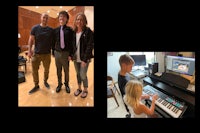 two pictures of a man, woman and a child in front of a piano