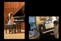 two pictures of a girl playing a piano